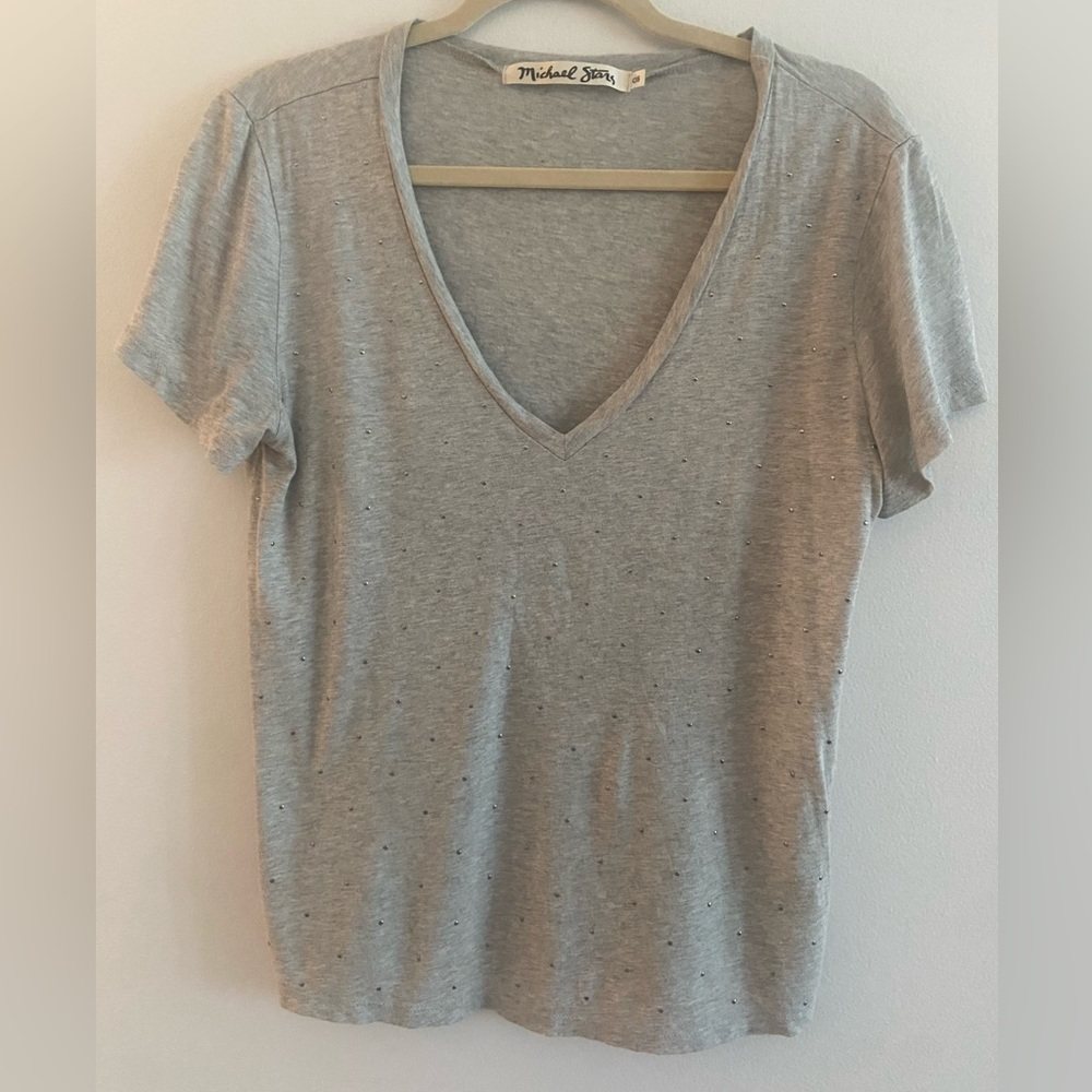 Michael Stars Deep V-Neck Studded Grey T-Shirt One Size